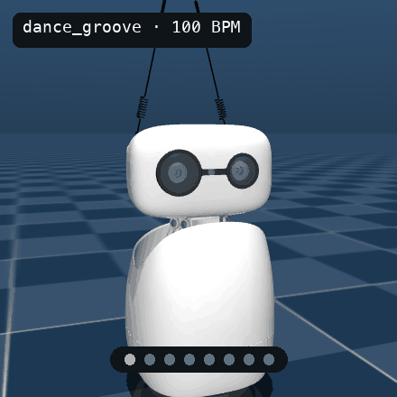 Reachy Mini doing the groove dance in MuJoCo at 100 BPM, with a row of dots marking the beat