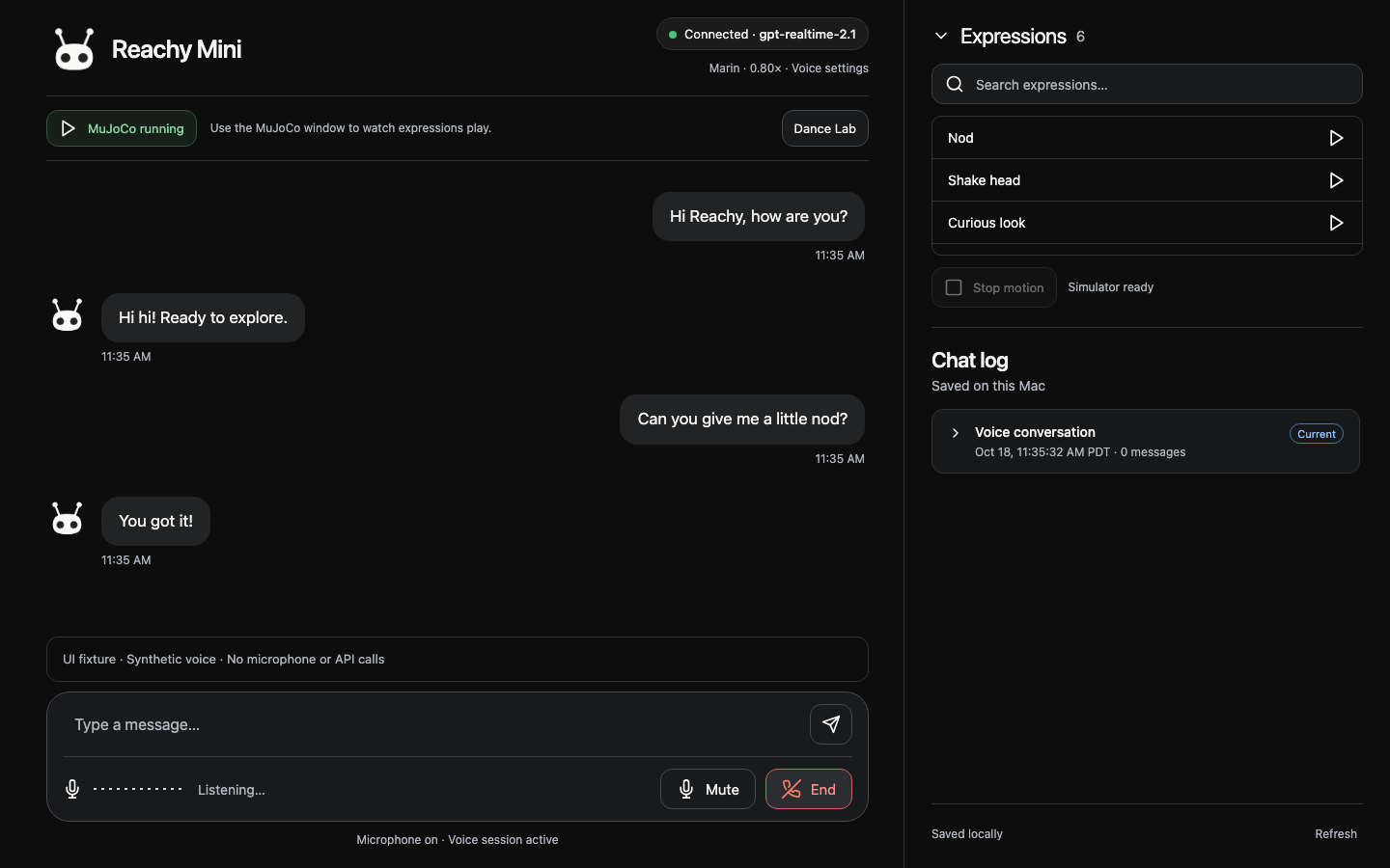 The Reachy Mini voice interface with MuJoCo running, a chat, an expressions list, and a saved chat log