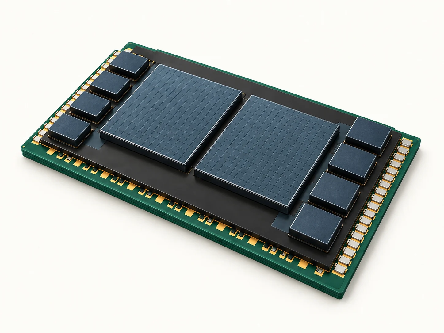 Illustrative GPU package with compute dies and surrounding memory