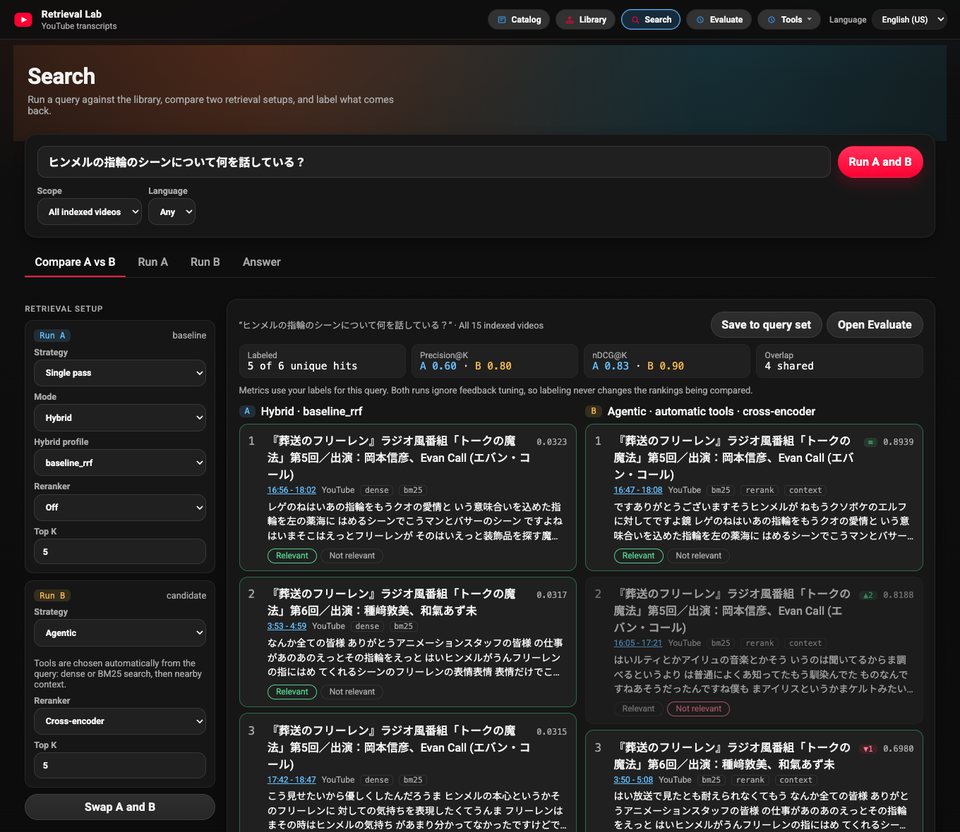 Search page comparing a hybrid run with an agentic run on a Japanese question, with relevance labels and per-query metrics